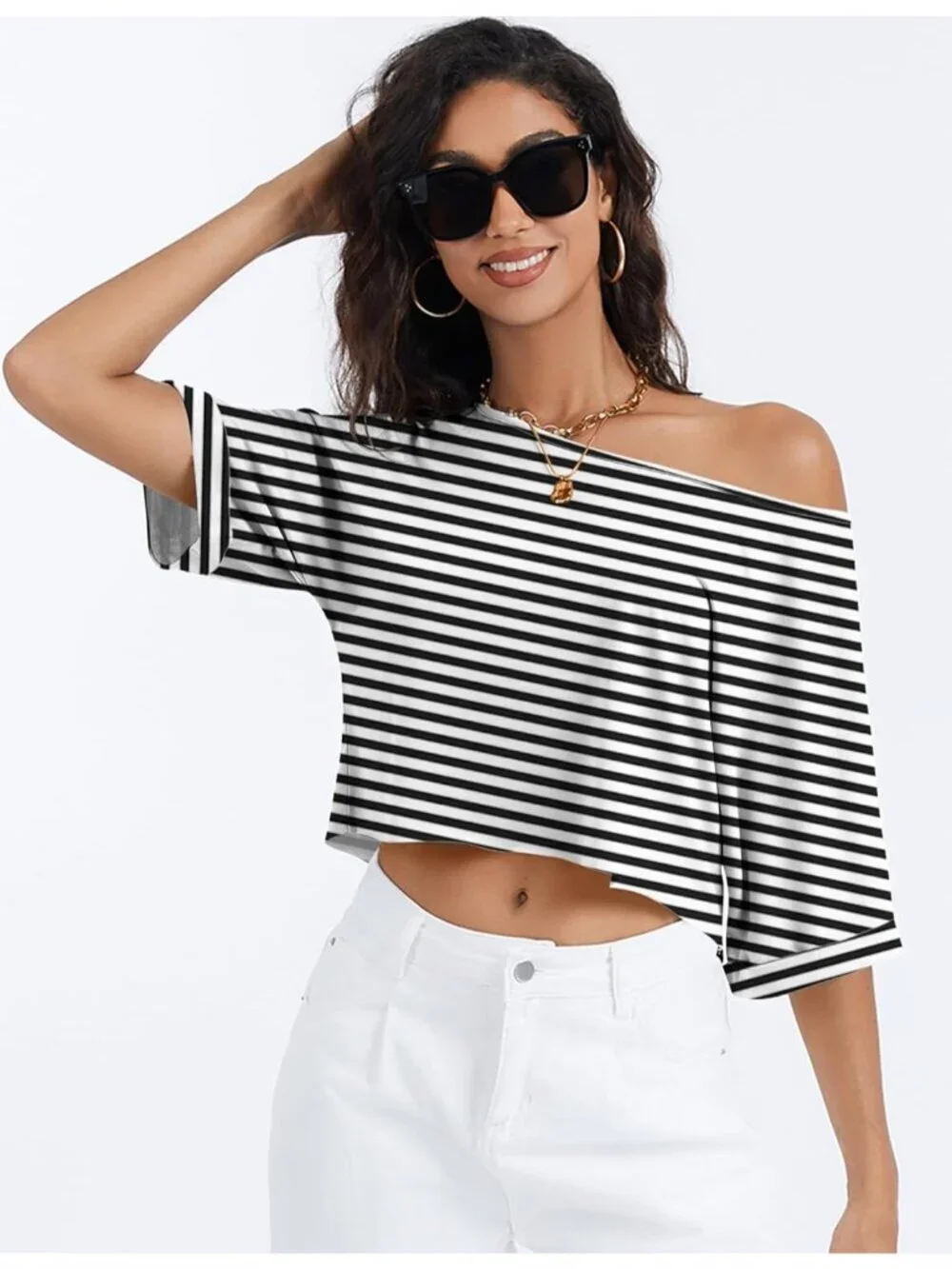 Women Black White Striped Short Sleeve Off The Shoulder Boat Neck Loose Crop Top